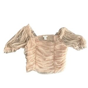 H&M Womens Pink Swiss Dot Ruched Mesh Puff Sleeve Crop M Coquette Hyper Feminine